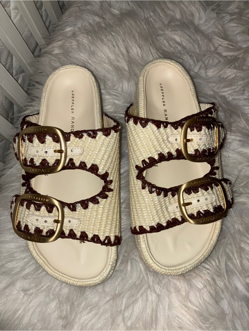 NEW LOEFFLER RANDALL Natural and Dark Brown Straw Theo Two Band Sandal Sz 7 - Picture 3 of 9